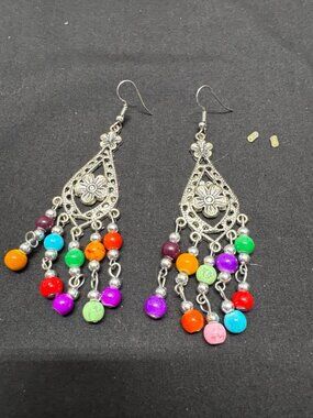 Silver Filigree Dangle Earrings With Multicolor Beads Boho Chic Earrings For Wom